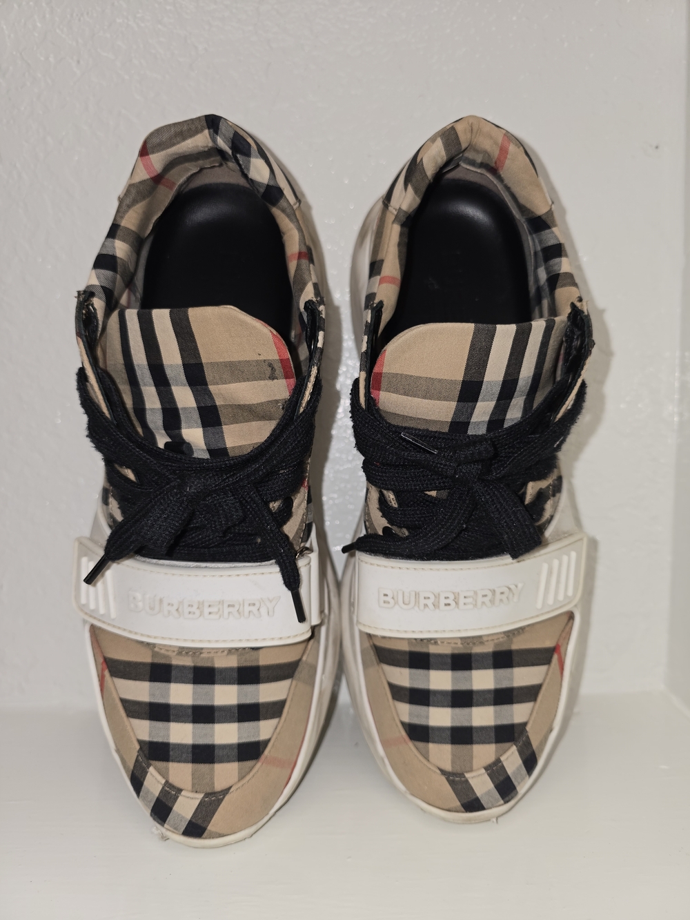 Burberry Tan Plaid Sneakers with Black Laces and Red Accent - Picture 3 of 11